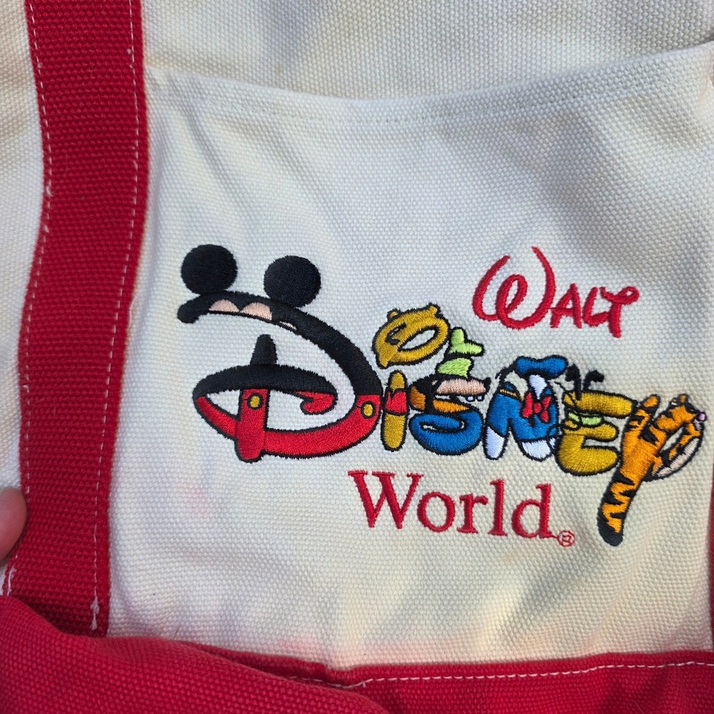 Vintage Disney Canvas Tote Bag Embroidered Logo 13x12x8 Red Cream Cotton Snap - Picture 2 of 10